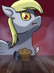 Size: 1024x1388 | Tagged: safe, artist:paw-of-darkness, derpy hooves, pegasus, pony, g4, fog, food, kitchen eyes, muffin, red eyes, tongue out