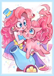Size: 1191x1684 | Tagged: safe, artist:sibashen, pinkie pie, human, pony, equestria girls, g4, bare shoulders, beautiful, clothes, cute, diapinkes, dress, fall formal outfits, happy, hug, human ponidox, party cannon, self ponidox, sleeveless, strapless