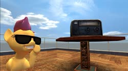 Size: 1024x575 | Tagged: safe, artist:undeadponysoldier, scootaloo, pegasus, pony, art pack:rooftop pool party, g4, 3d, cute, cutealoo, female, filly, gmod, listening to music, new donk city, radio, smiling, solo, sunglasses, super mario odyssey, table