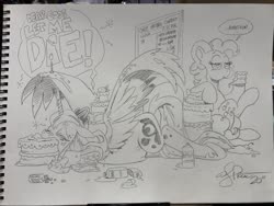 Size: 2048x1536 | Tagged: safe, artist:andypriceart, pinkie pie, princess luna, alicorn, earth pony, pony, g4, idw, spoiler:comic, abdominal bulge, belly, bloated, cake, cartoon physics, cheek bulge, crown, digestion without weight gain, eating contest, female, food, food baby, hammerspace, hammerspace belly, hoof shoes, jewelry, lying down, mare, medicine, messy, on ground, pencil drawing, pepto-bismol, princess shoes, prone, regalia, signature, stomach ache, stuffed, stuffed belly, stuffing, tally marks, traditional art