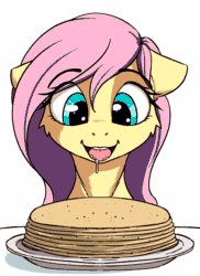 Size: 1390x1913 | Tagged: safe, artist:alcor, fluttershy, pegasus, pony, g4, animated, blini, bust, cheek fluff, crepe, cute, drool, eye shimmer, eyes on the prize, female, floppy ears, food, gif, mare, open mouth, pancakes, portrait, salivating, shyabetes, simple background, solo, tongue out, white background