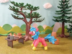 Size: 1024x769 | Tagged: safe, artist:malte279, oc, oc only, oc:multi purpose, pony, unicorn, craft, packaging, playmobil, sculpture, solo, starch, starch sculpture, tree
