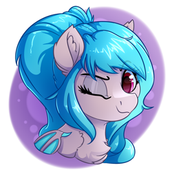 Size: 4000x4000 | Tagged: source needed, safe, artist:witchtaunter, oc, oc only, bat pony, pony, bat pony oc, bust, commission, one eye closed, ponytail, portrait, solo, wink, winking at you