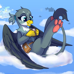Size: 1500x1500 | Tagged: safe, artist:shadowreindeer, gabby, griffon, g4, chest fluff, chocolate, cloud, female, food, hot chocolate, leaning back, on a cloud, paw pads, paws, sitting, sitting on a cloud, sky, solo, toe beans, underpaw