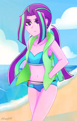 Size: 2064x3222 | Tagged: safe, artist:xan-gelx, aria blaze, equestria girls, g4, beach, belly button, bikini, clothes, female, high res, looking at you, midriff, ocean, sand, smiling, solo, swimsuit, vest