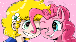 Size: 3840x2160 | Tagged: safe, artist:jomok0, pinkie pie, earth pony, pony, g4, blonde, blue eyes, c-ko, cheek to cheek, ear fluff, green eyes, happy, high res, pink background, project a-ko, shiny eyes, simple background, smiling, wallpaper