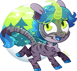 Size: 1135x1042 | Tagged: safe, artist:amberpone, oc, oc only, oc:jake hawkins, original species, pony, unicorn, art trade, blank flank, blue, cat eyes, chest fluff, digital art, eyebrows, green eyes, horn, looking at you, magic, male, paint tool sai, simple background, slit pupils, snow, solo, stallion, stripes, tiger stripes, transparent background, winter