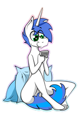 Size: 1600x2430 | Tagged: safe, artist:bumskuchen, oc, oc only, oc:shifting gear, unicorn, anthro, casual nudity, game boy, happy, nudity, pillow, simple background, smiling, solo, transparent background