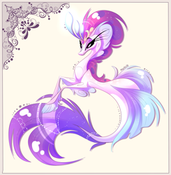Size: 2089x2133 | Tagged: safe, artist:marbola, queen novo, seapony (g4), g4, my little pony: the movie, crown, curvy, eyelashes, female, fins, fish tail, high res, jewelry, lidded eyes, purple eyes, regalia, signature, simple background, solo