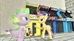 Size: 1024x575 | Tagged: safe, artist:undeadponysoldier, scootaloo, spike, g4, 3d, arcade, arcade game, asteroids, best friends, brofist, competition, donkey kong, duo, female, filly, galaga, gm construct, gmod, hoofbump, male, marvel vs capcom, one on one, pac-man, scootaloo will show us games to play, smiling