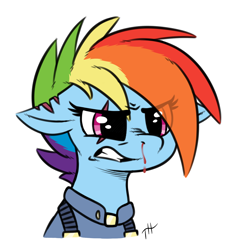 Size: 1450x1500 | Tagged: safe, artist:fakskis, rainbow dash, pegasus, pony, g4, the cutie re-mark, alternate hairstyle, alternate timeline, apocalypse dash, blood, clothes, crystal empire, crystal war timeline, eye clipping through hair, female, gritted teeth, mare, military uniform, nosebleed, scar, simple background, solo, torn ear, transparent background, uniform
