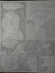 Size: 1944x2592 | Tagged: safe, artist:princebluemoon3, oc, oc:rainbow tashie, oc:tommy the human, earth pony, human, pony, comic:the chaos within us, black and white, canterlot, canterlot castle, chains, clothes, collar, comic, commissioner:bigonionbean, cutie mark, dialogue, drawing, dream, grayscale, human oc, monochrome, muzzle, night, nightmare, scared, species swap, traditional art, writer:bigonionbean