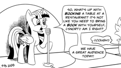Size: 1200x675 | Tagged: safe, artist:pony-berserker, twilight sparkle, alicorn, pony, pony-berserker's twitter sketches, g4, bad joke, bad pun, black and white, book, crosshatch, cute, female, grayscale, mare, microphone, monochrome, offscreen character, plant, pun, simple background, sketch, solo, speech bubble, spotlight, stand-up comedy, that pony sure does love books, twiabetes, twilight sparkle (alicorn), white background