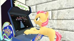 Size: 1024x575 | Tagged: safe, artist:undeadponysoldier, babs seed, earth pony, pony, g4, 3d, arcade, arcade game, competitive, female, filly, galaga, gaming, gm construct, gmod, playing video games, smiling, tractor beam