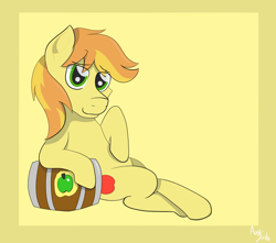 Size: 1280x1133 | Tagged: safe, artist:augjodo, braeburn, earth pony, pony, g4, barrel, digital art, leaning, looking at you, male, solo, stallion