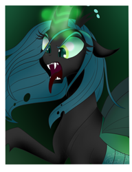 Size: 2000x2600 | Tagged: safe, artist:princesslunka10, queen chrysalis, changeling, changeling queen, g4, angry, crown, fangs, female, floppy ears, glowing, glowing horn, high res, horn, jewelry, magic, raised leg, regalia, solo, tongue out