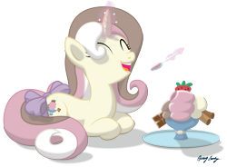 Size: 4635x3404 | Tagged: safe, artist:le-23, oc, oc only, oc:icy sweetcream, pony, unicorn, bow, female, food, high res, ice cream, magic, mare, prone, simple background, solo, tail bow, transparent background