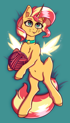 Size: 1008x1776 | Tagged: safe, artist:tanatos, sunset shimmer, alicorn, pony, unicorn, g4, alicornified, behaving like a cat, bell, bell collar, belly button, body pillow, cat bell, chest fluff, collar, cute, female, fiery shimmer, fiery wings, mare, nyanset shimmer, race swap, shimmerbetes, shimmercorn, solo, tongue out, whiskers, wings, yarn, yarn ball