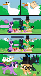 Size: 1678x3061 | Tagged: safe, artist:wheatley r.h., derpibooru exclusive, oc, oc only, oc:myoozik the dragon, oc:twi clown, oc:w. rhinestone eyes, bird, changeling, dragon, duck, honeypot changeling, pony, unicorn, g4, apple, bat wings, blue changeling, bread, bush, changeling oc, clothes, clown makeup, comic, cutie mark, cutie mark on clothes, dragon oc, fear, female, folded wings, food, glasses, gritted teeth, hat, juice, juice box, magic, male, mare, mountain, mouth hold, open mouth, picnic, run for your lives, running, sandwich, sharp teeth, shirt, sitting, soda, spanish, spanish text, speech bubble, spread wings, teeth, telekinesis, tongue out, top hat, translated in the description, vector, watermark, wings