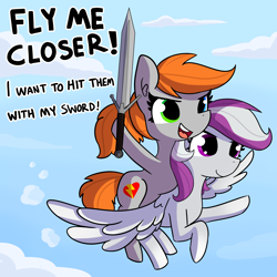 Size: 6600x6600 | Tagged: safe, artist:tjpones, oc, oc:golden lotus, oc:silver storm, earth pony, pegasus, pony, cute, dialogue, drive me closer, female, flying, heterochromia, meme, ponies riding ponies, riding, sword, warhammer (game)