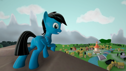 Size: 3840x2160 | Tagged: safe, artist:agkandphotomaker2000, oc, oc:pony video maker, pegasus, pony, 3d, 3d mixed with drawing, butt, forest, high res, hiking, looking at you, mountain, plot, ponyville, river, rock, source filmmaker, view