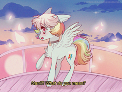 Size: 1140x855 | Tagged: safe, artist:aniimoni, rainbow dash, pegasus, pony, g4, 90s anime, anime, cloud, collar, cute, dashabetes, fake screencap, female, mare, nani, railing, raised hoof, sky, solo, spread wings, subtitles