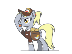 Size: 1800x1350 | Tagged: safe, artist:flutterluv, derpy hooves, pegasus, pony, g4, bag, female, food, mailbag, mailmare, muffin, saddle bag, salute, simple background, solo, tongue out, transparent background