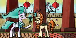 Size: 3500x1755 | Tagged: safe, artist:nguyendeliriam, autumn blaze, mistmane, kirin, pony, unicorn, g4, chinese dress, curved horn, horn, present