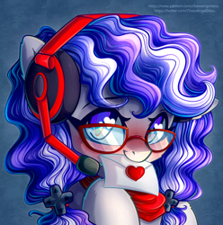 Size: 3508x3530 | Tagged: safe, artist:chaosangeldesu, oc, oc only, oc:cinnabyte, earth pony, pony, adorkable, bandana, blushing, cinnabetes, cute, dork, envelope, female, gaming headset, glasses, headset, heart eyes, high res, icon, looking at you, love letter, mare, meganekko, mouth hold, pigtails, solo, wingding eyes