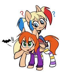 Size: 935x947 | Tagged: safe, artist:higglytownhero, artist:icicle-niceicle-1517, color edit, edit, bat, bat pony, earth pony, pony, barbara gordon, bat ponified, bat signal, batgirl, bipedal, clothes, colored, crossover, dc comics, dc superhero girls, female, harley quinn, hoodie, jacket, lineart, mare, open mouth, pigtails, ponified, question mark, race swap, raised hoof, raised leg, simple background, sketch, socks, striped socks, transparent background, twintails