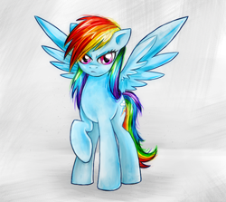 Size: 680x606 | Tagged: safe, artist:munadrake, rainbow dash, pegasus, pony, g4, backwards cutie mark, badass, female, looking at you, mare, raised hoof, simple background, solo, spread wings, wings