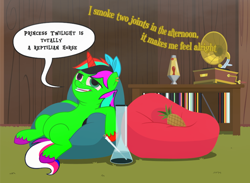 Size: 820x600 | Tagged: safe, artist:queencold, oc, oc only, oc:zorse, alicorn, pony, alicorn oc, beanbag chair, bong, bow, commission, conspiracy theory, dialogue, drug use, drugs, ear piercing, earring, freckles, furniture, gramophone, hair bow, heterochromia, high, horn, jewelry, lava lamp, male, marijuana, multicolored hair, piercing, pineapple, smoke, song reference, stallion, stoned