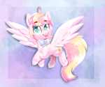 Size: 1313x1094 | Tagged: safe, artist:avui, oc, oc only, oc:ninny, pegasus, pony, big eyes, bowtie, cute, cute pony, female, pink, solo, tongue out, unshorn fetlocks