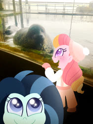 Size: 750x1000 | Tagged: safe, artist:carouselunique, oc, oc only, oc:dolly dusk, oc:honeycrisp blossom, seal, equestria girls, g4, aquarium, colored pupils, duo, equestria girls in real life, freckles, hat, irl, offspring, parent:big macintosh, parent:chancellor neighsay, parent:princess cadance, parent:sonata dusk, parents:cadmac, parents:neighsaynota, photo, suspenders, wingding eyes
