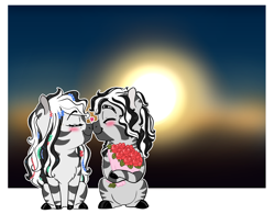 Size: 1280x1000 | Tagged: safe, artist:miyathegoldenflower, oc, oc:doctor suunkii, oc:sirba, zebra, fanfic:ponyville noire, beads, blushing, boop, bouquet, chibi, female, flower, heart, husband and wife, love, male, noseboop, nuzzling, oc x oc, rose, shipping, sun, zebra oc