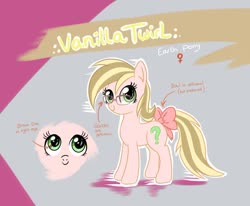 Size: 900x743 | Tagged: safe, artist:avui, oc, oc only, oc:vanilla twirl, earth pony, pony, bow, female, glasses, mare, reference sheet, solo, tail bow