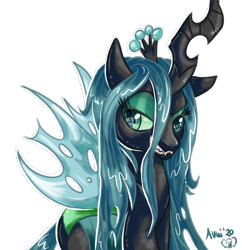 Size: 774x800 | Tagged: safe, artist:avui, queen chrysalis, changeling, changeling queen, g4, crown, cute, cute little fangs, cutealis, eyelashes, fangs, female, grin, jewelry, looking at you, regalia, simple background, smiling, solo, transparent background