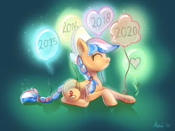 Size: 900x674 | Tagged: safe, artist:avui, oc, oc only, oc:ember, oc:ember (hwcon), earth pony, pony, hearth's warming con, abstract background, balloon, braid, braided tail, eyes closed, female, mare, smiling, solo