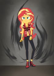 Size: 1280x1811 | Tagged: safe, artist:lms1872, sunset shimmer, equestria girls, g4, belly button, boots, choker, clothes, female, geode of empathy, high heel boots, jacket, leather jacket, magical geodes, midriff, pants, shoes, short shirt, solo, spiked choker, spiked wristband, wristband