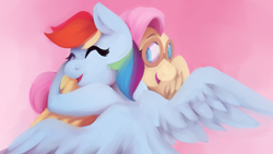 Size: 2560x1440 | Tagged: safe, artist:incendiarymoth, fluttershy, rainbow dash, pegasus, pony, g4, hurricane fluttershy, bust, duo, duo female, eyes closed, female, flying, goggles, hug, implied flutterdash, implied lesbian, implied shipping, mare, open mouth, open smile, pink sky, scene interpretation, shipping fuel, sky, smiling, spread wings, wings
