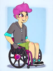 Size: 1536x2047 | Tagged: safe, artist:incendiarymoth, scootaloo, human, equestria girls, g4, clothes, cutie mark, cutie mark on vehicle, disabled, female, fingerless gloves, gloves, open mouth, smiling, solo, the cmc's cutie marks, tumblr nose, wheelchair