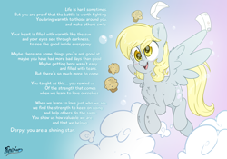 Size: 5000x3500 | Tagged: safe, artist:fluffyxai, derpy hooves, pegasus, pony, g4, bubble, chest fluff, cloud, cute, derpy day, derpy day 2020, female, flying, food, inspirational, letter, mail, mare, muffin, smiling, text
