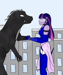 Size: 1280x1536 | Tagged: safe, artist:gazinglights, twilight sparkle, human, kaiju, equestria girls, g4, boots, female, giantess, godzilla, godzilla (series), handshake, macro, magic gaia, shoes, superhero, thigh boots