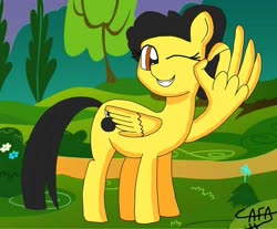 Size: 822x680 | Tagged: safe, artist:cafakero, oc, oc:dany melody, pegasus, pony, bush, feather fingers, ok hand sign, one eye closed, tree, wing hands, wings, wink