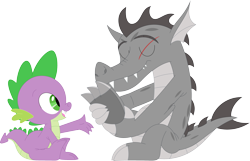 Size: 3578x2298 | Tagged: safe, artist:porygon2z, spike, oc, oc:draco axel, dragon, g4, duo, duo male, eyes closed, high res, holding foot, male, open mouth, scar, simple background, sniffing, transparent background, vector