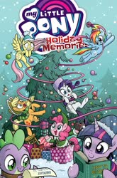 Size: 1400x2125 | Tagged: safe, artist:brendahickey, idw, applejack, fluttershy, pinkie pie, rainbow dash, rarity, spike, twilight sparkle, alicorn, dragon, earth pony, pegasus, pony, unicorn, g4, spoiler:comic, spoiler:holidaymemories, book, butt, christmas, christmas presents, christmas tree, clothes, comic cover, cover, female, gift wrapped, hat, hearth's warming, holiday, holiday memories, male, mane seven, mane six, mare, ornament, plot, present, santa hat, scarf, tree, twilight sparkle (alicorn), winter outfit