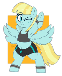 Size: 1845x2265 | Tagged: safe, artist:notenoughapples, helia, pegasus, pony, g4, armpits, belly button, clothes, female, looking at you, one eye closed, simple background, solo, stretching, transparent background, wink