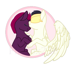 Size: 785x729 | Tagged: safe, artist:firefox238, artist:lilith1light, songbird serenade, tempest shadow, pegasus, pony, unicorn, g4, base used, broken horn, chest fluff, eyes closed, female, horn, hug, kissing, lesbian, mare, shadowbird, shipping, simple background, transparent background, watermark