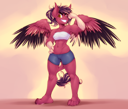 Size: 3000x2559 | Tagged: safe, artist:drizziedoodles, oc, oc only, oc:oxide, original species, anthro, plantigrade anthro, abs, armpits, bandeau, belly button, breasts, chest wrap, clothes, female, flexing, grin, hand on hip, high res, leonine tail, mare, midriff, muscles, muscular female, paws, ponytail, shorts, simple background, smiling, solo, talons, wings