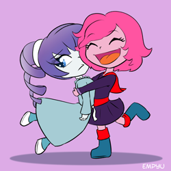 Size: 1000x1000 | Tagged: safe, artist:empyu, pinkie pie, rarity, anthro, g4, chibi, clothes, cosplay, costume, crossover, duo, hug, open mouth, rwby, rwby chibi